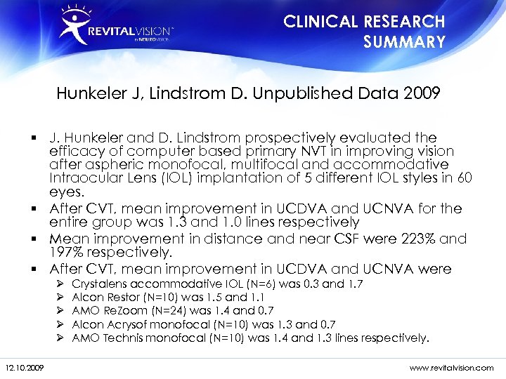 CLINICAL RESEARCH SUMMARY Hunkeler J, Lindstrom D. Unpublished Data 2009 § J. Hunkeler and