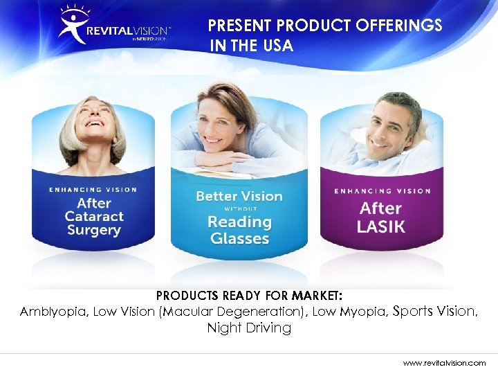 PRESENT PRODUCT OFFERINGS IN THE USA PRODUCTS READY FOR MARKET: Amblyopia, Low Vision (Macular