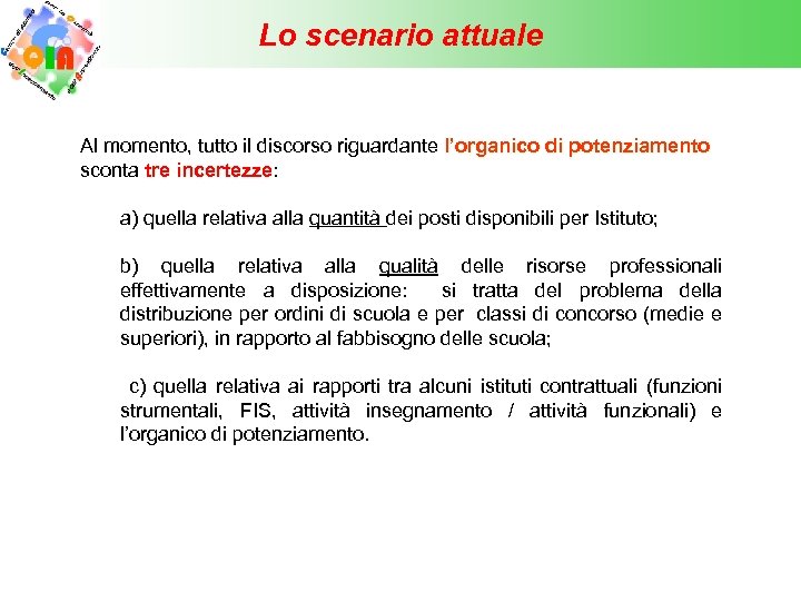 Lo scenario attuale Al momento, tutto il discorso riguardante l’organico di potenziamento sconta tre