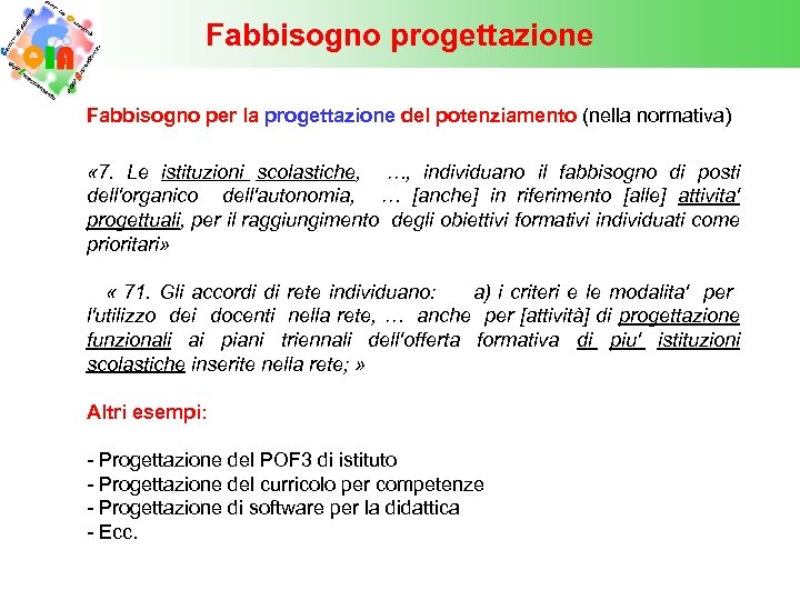 Fabbisogno progettazione Fabbisogno per la progettazione del potenziamento (nella normativa) potenziamento « 7. Le