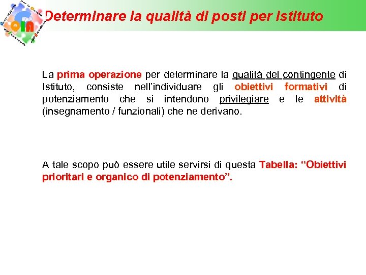 Determinare la qualità di posti per istituto La prima operazione per determinare la qualità