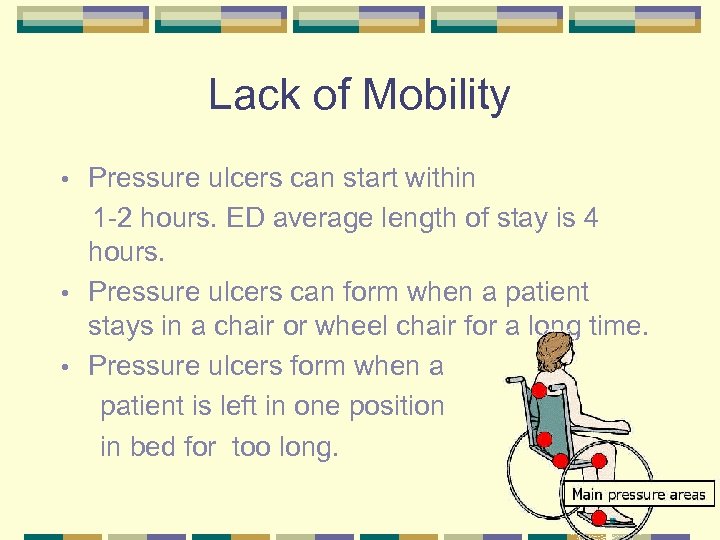 Lack of Mobility Pressure ulcers can start within 1 -2 hours. ED average length