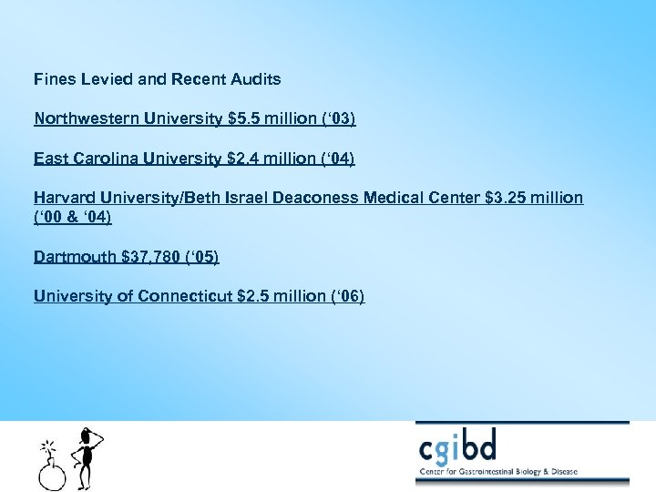 Fines Levied and Recent Audits Northwestern University $5. 5 million (‘ 03) East Carolina