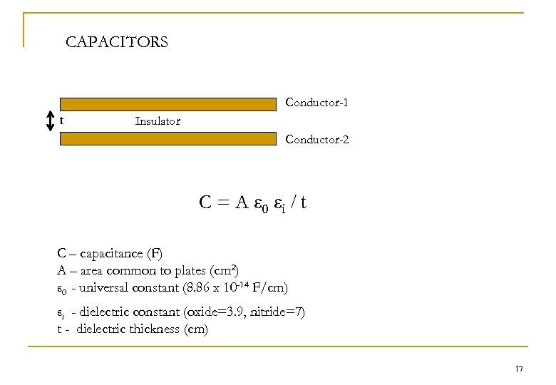CAPACITORS Conductor-1 t Insulator Conductor-2 C = A ε 0 εi / t C