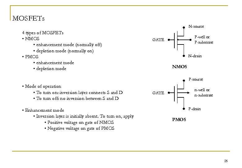 MOSFETs N-source 4 types of MOSFETs • NMOS • enhancement mode (normally off) •