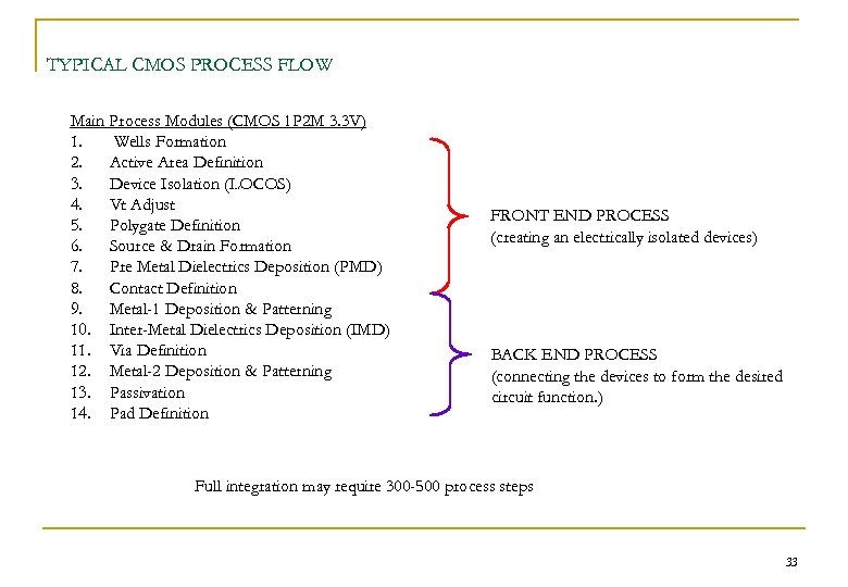 TYPICAL CMOS PROCESS FLOW Main Process Modules (CMOS 1 P 2 M 3. 3
