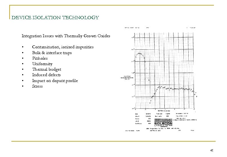 DEVICE ISOLATION TECHNOLOGY Integration Issues with Thermally Grown Oxides • • Contamination, ionized impurities