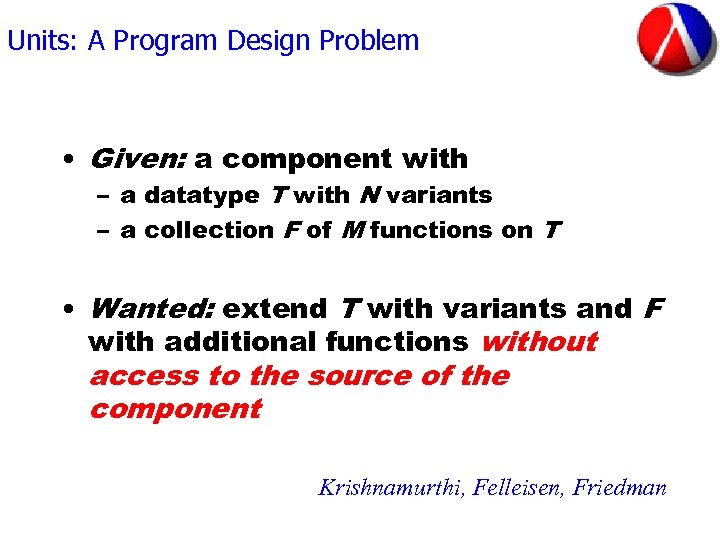 Units: A Program Design Problem • Given: a component with – a datatype T