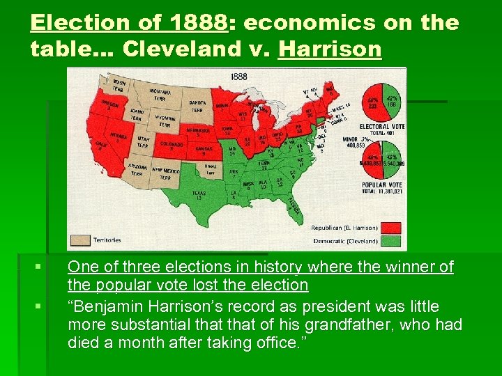 Election of 1888: economics on the table… Cleveland v. Harrison § § One of