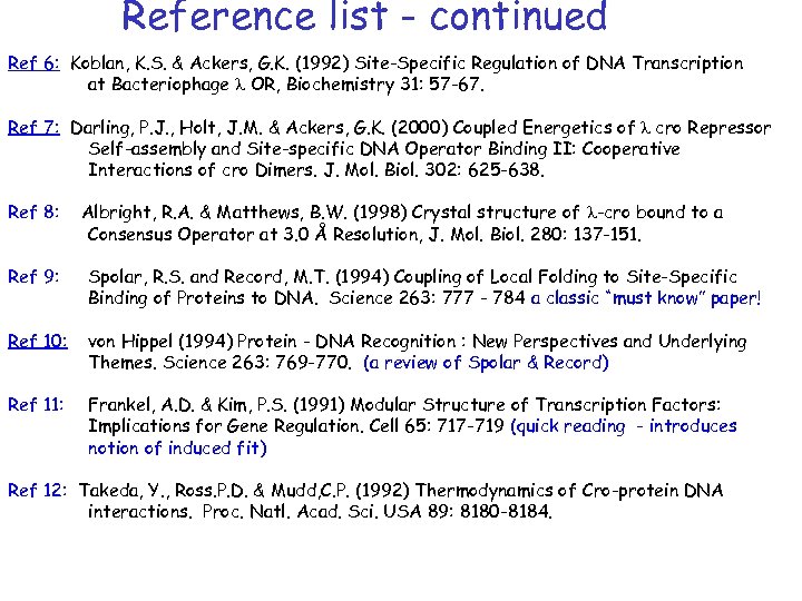 Reference list - continued Ref 6: Koblan, K. S. & Ackers, G. K. (1992)