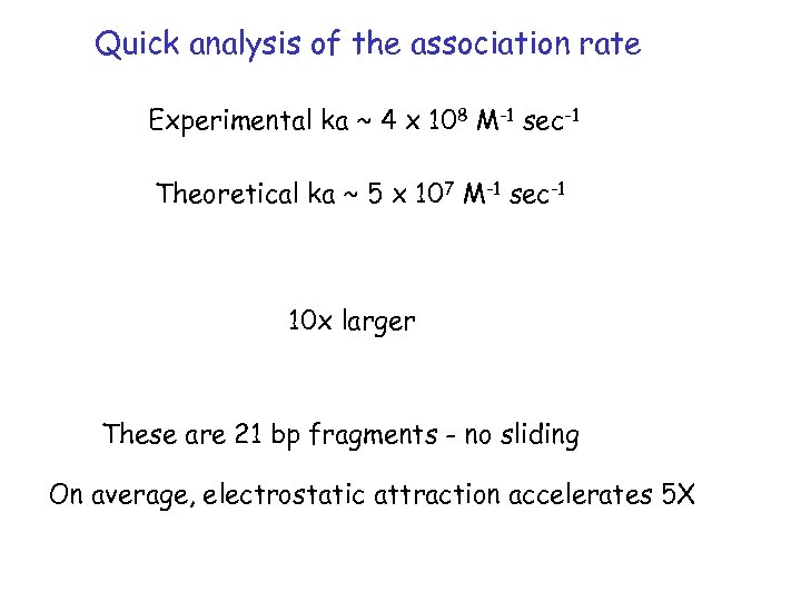 Quick analysis of the association rate Experimental ka ~ 4 x 108 M-1 sec-1