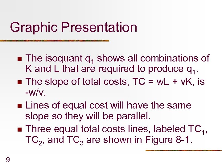 Graphic Presentation n n 9 The isoquant q 1 shows all combinations of K