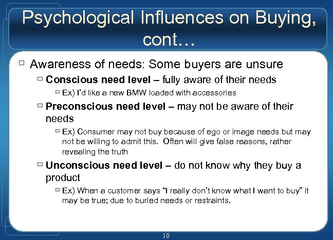 Psychological Influences on Buying, cont… ù Awareness of needs: Some buyers are unsure ù