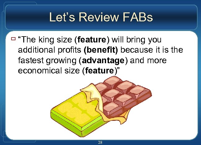 Let’s Review FABs ù “The king size (feature) will bring you additional profits (benefit)