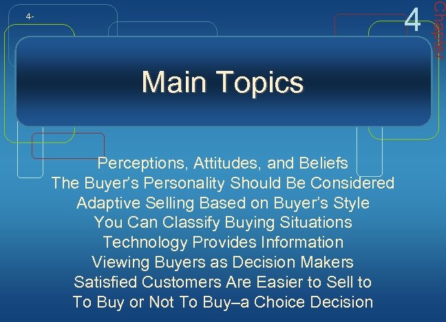 Main Topics Perceptions, Attitudes, and Beliefs The Buyer’s Personality Should Be Considered Adaptive Selling