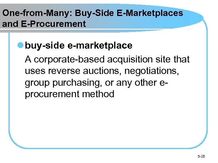 One-from-Many: Buy-Side E-Marketplaces and E-Procurement l buy-side e-marketplace A corporate-based acquisition site that uses