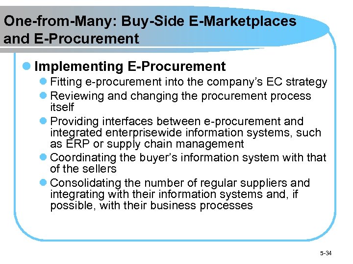 One-from-Many: Buy-Side E-Marketplaces and E-Procurement l Implementing E-Procurement l Fitting e-procurement into the company’s