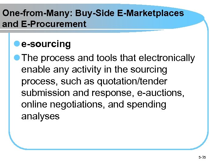One-from-Many: Buy-Side E-Marketplaces and E-Procurement l e-sourcing l The process and tools that electronically