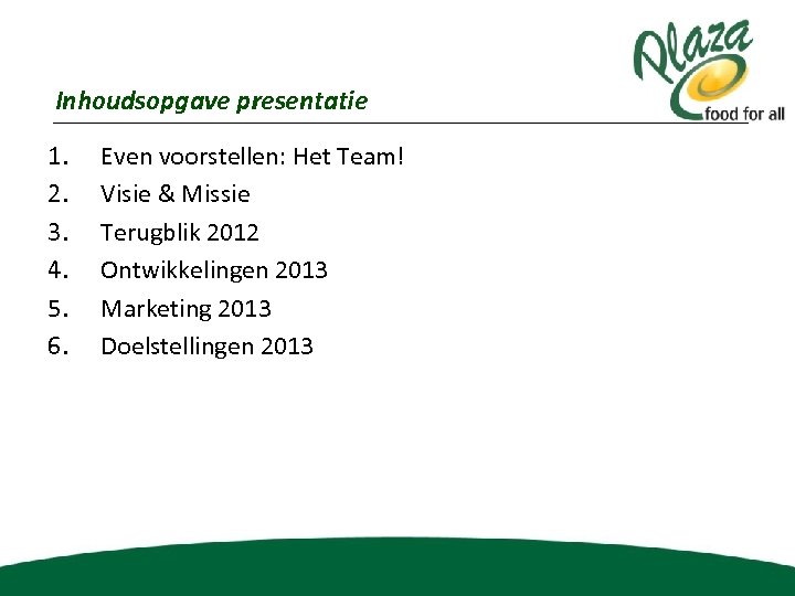 Inhoudsopgave presentatie 1. 2. 3. 4. 5. 6. Even voorstellen: Het Team! Visie &
