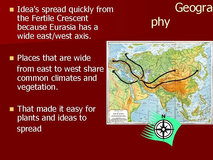 n Idea’s spread quickly from the Fertile Crescent because Eurasia has a wide east/west