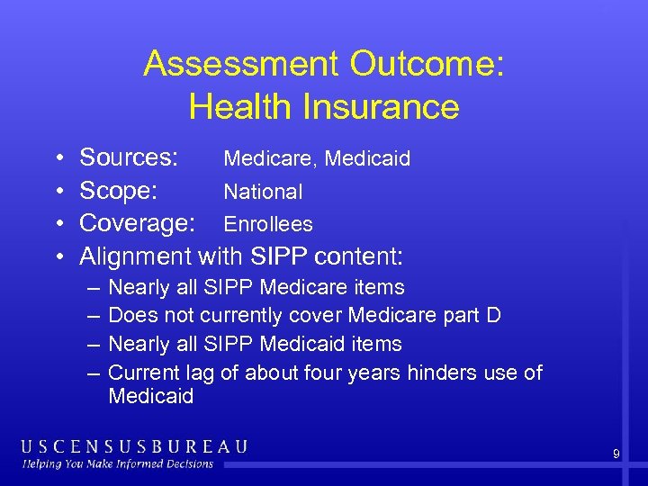 Assessment Outcome: Health Insurance • • Sources: Medicare, Medicaid Scope: National Coverage: Enrollees Alignment