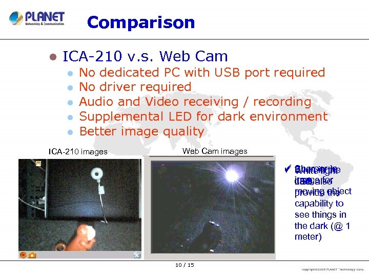 Comparison l ICA-210 v. s. Web Cam l l l No dedicated PC with