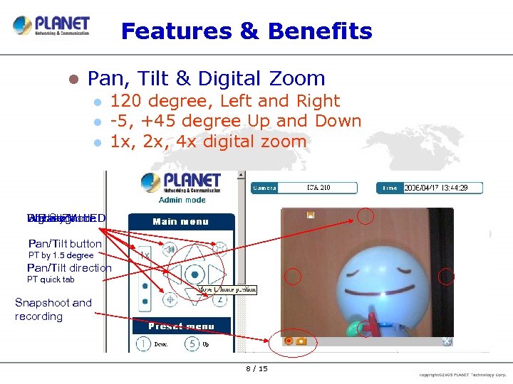 Features & Benefits l Pan, Tilt & Digital Zoom l l l 120 degree,