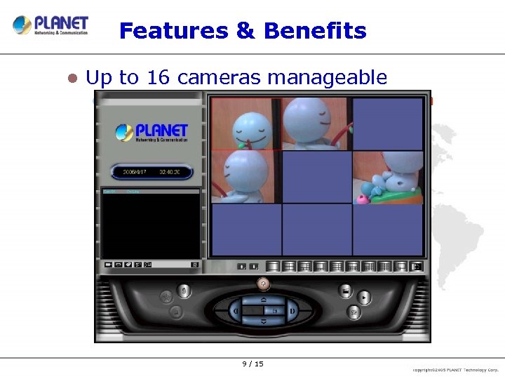 Features & Benefits l Up to 16 cameras manageable l Through IP View Pro,