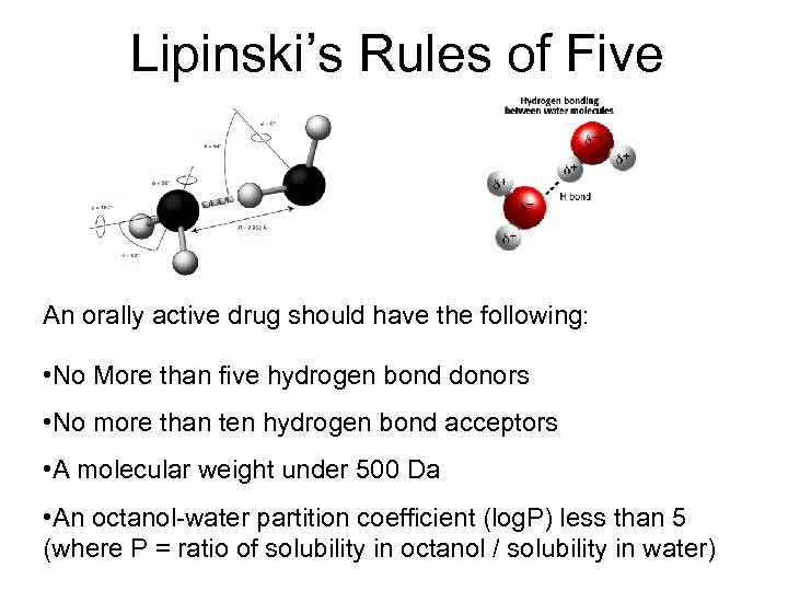 Lipinski’s Rules of Five An orally active drug should have the following: • No