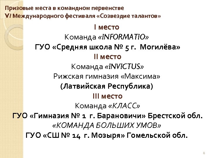 Призовые места в командном первенстве VI Международного фестиваля «Созвездие талантов» І место Команда «INFORMATIO»