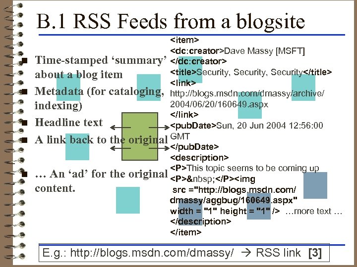 B. 1 RSS Feeds from a blogsite n n n <item> <dc: creator>Dave Massy