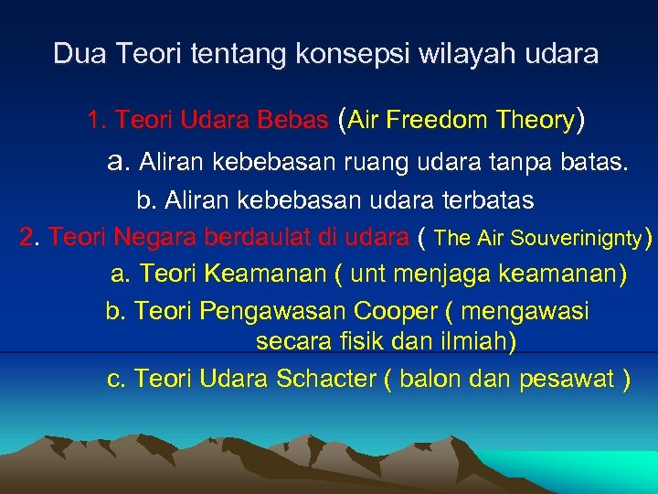 Dua Teori tentang konsepsi wilayah udara 1. Teori Udara Bebas (Air Freedom Theory) a.