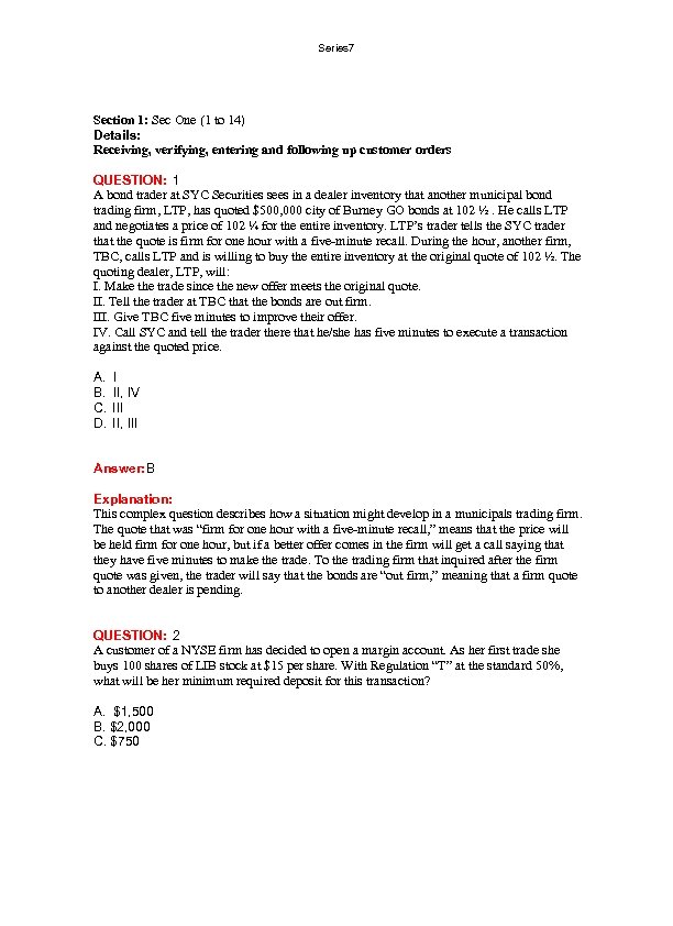 Series 7 Section 1: Sec One (1 to 14) Details: Receiving, verifying, entering and