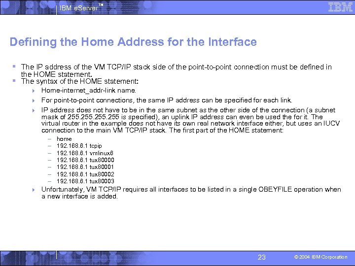 IBM e. Server™ Defining the Home Address for the Interface § The IP address