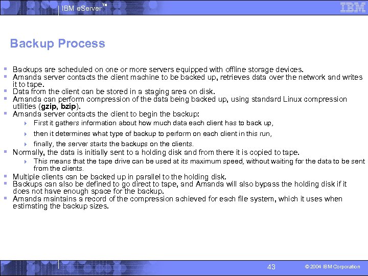 IBM e. Server™ Backup Process § Backups are scheduled on one or more servers