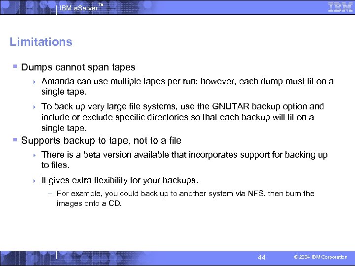 IBM e. Server™ Limitations § Dumps cannot span tapes 4 Amanda can use multiple