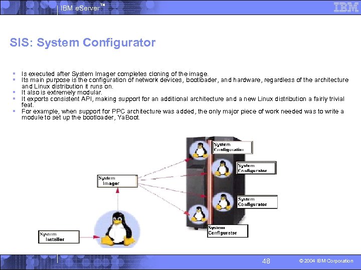 IBM e. Server™ SIS: System Configurator § Is executed after System Imager completes cloning