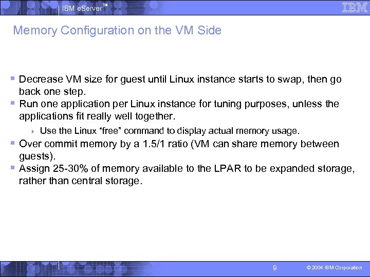 IBM e. Server™ Memory Configuration on the VM Side § Decrease VM size for