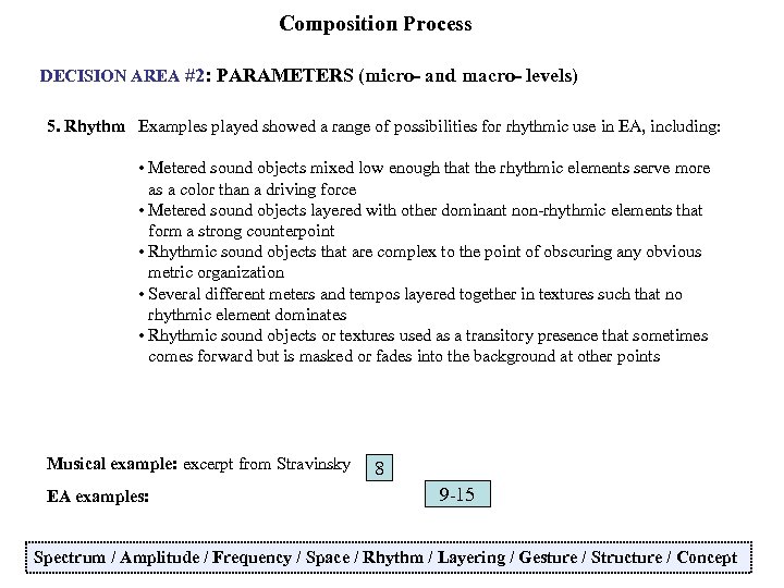 Composition Process DECISION AREA #2: PARAMETERS (micro- and macro- levels) 5. Rhythm Examples played