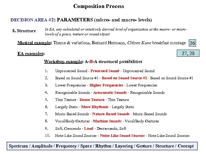 Composition Process DECISION AREA #2: PARAMETERS (micro- and macro- levels) In EA, any calculated