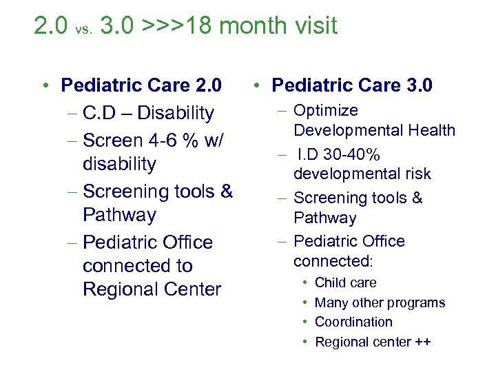 2. 0 vs. 3. 0 >>>18 month visit • Pediatric Care 2. 0 •