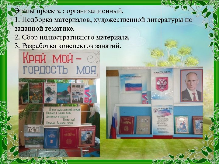 Этапы проекта : организационный. 1. Подборка материалов, художественной литературы по заданной тематике. 2. Сбор