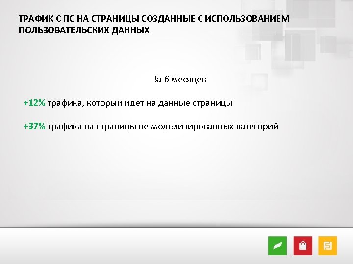 ТРАФИК С ПС НА СТРАНИЦЫ СОЗДАННЫЕ С ИСПОЛЬЗОВАНИЕМ ПОЛЬЗОВАТЕЛЬСКИХ ДАННЫХ За 6 месяцев +12%