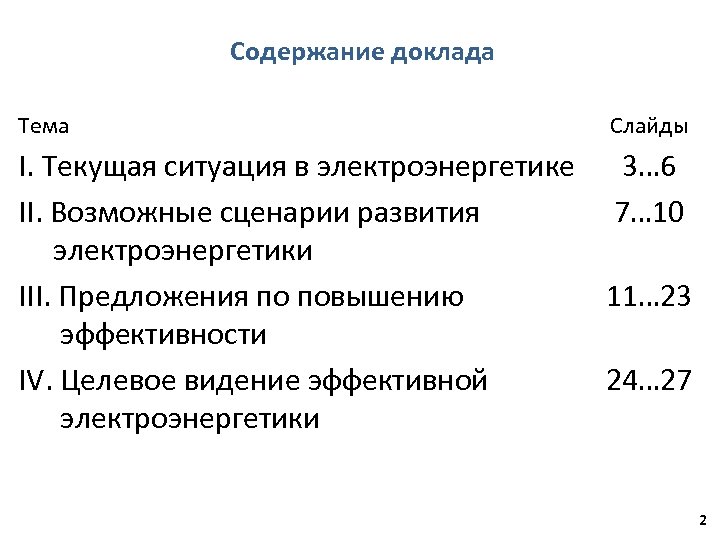 Содержание доклада Тема Слайды I. Текущая ситуация в электроэнергетике 3… 6 II. Возможные сценарии