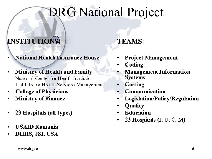 DRG National Project INSTITUTIONS: TEAMS: • National Health Insurance House • Project Management •