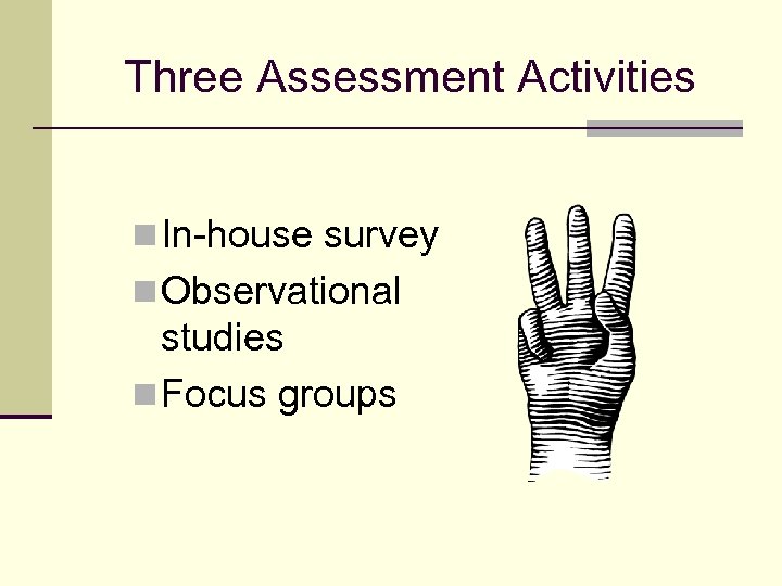 Three Assessment Activities n In-house survey n Observational studies n Focus groups 
