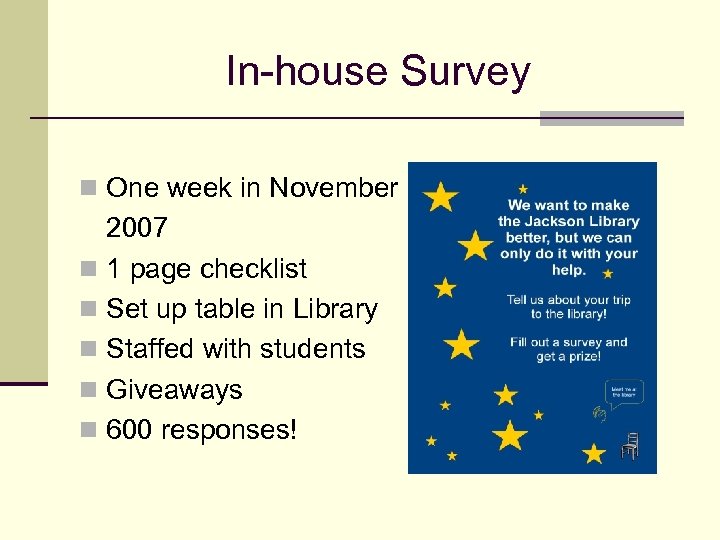 In-house Survey n One week in November 2007 n 1 page checklist n Set