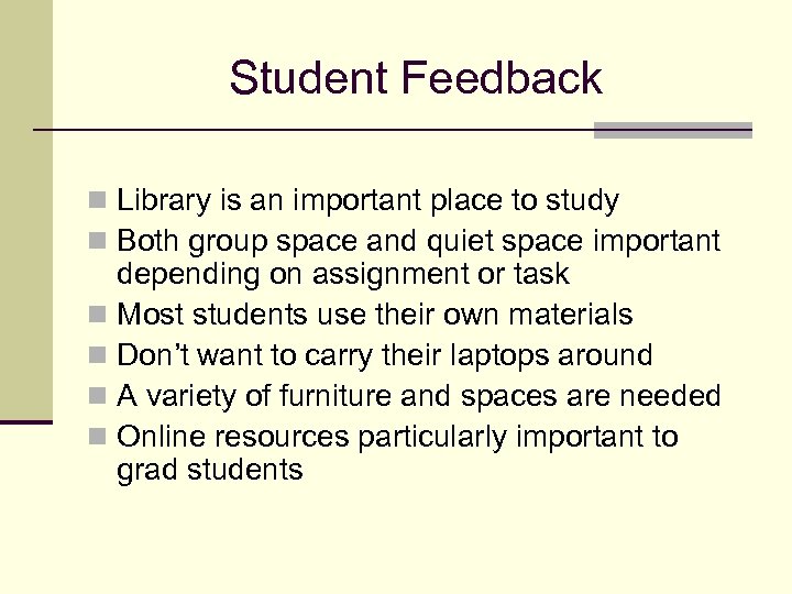 Student Feedback n Library is an important place to study n Both group space