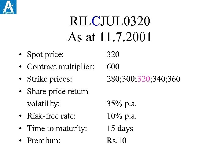 RILCJUL 0320 As at 11. 7. 2001 • • Spot price: Contract multiplier: Strike