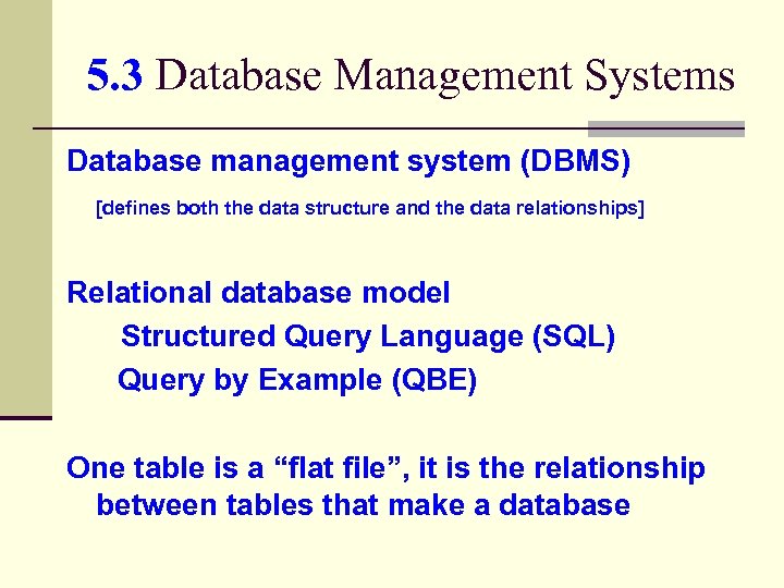 5. 3 Database Management Systems Database management system (DBMS) [defines both the data structure